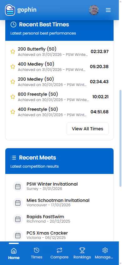 Gophin app showing home screen with recent personal best times